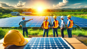 engenheiros apontando para uma usina solar em um dia de sol